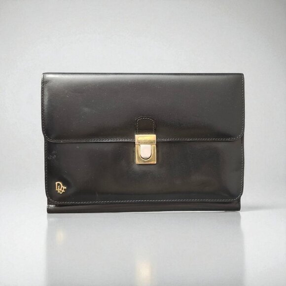 Dior Clutch bag Black Leather Vintage Logo Clasp Business Document Holder - Picture 1 of 12